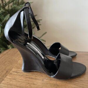 Manolo Blahnik Womens Wedge Black Leather Ankle Strap Shoes